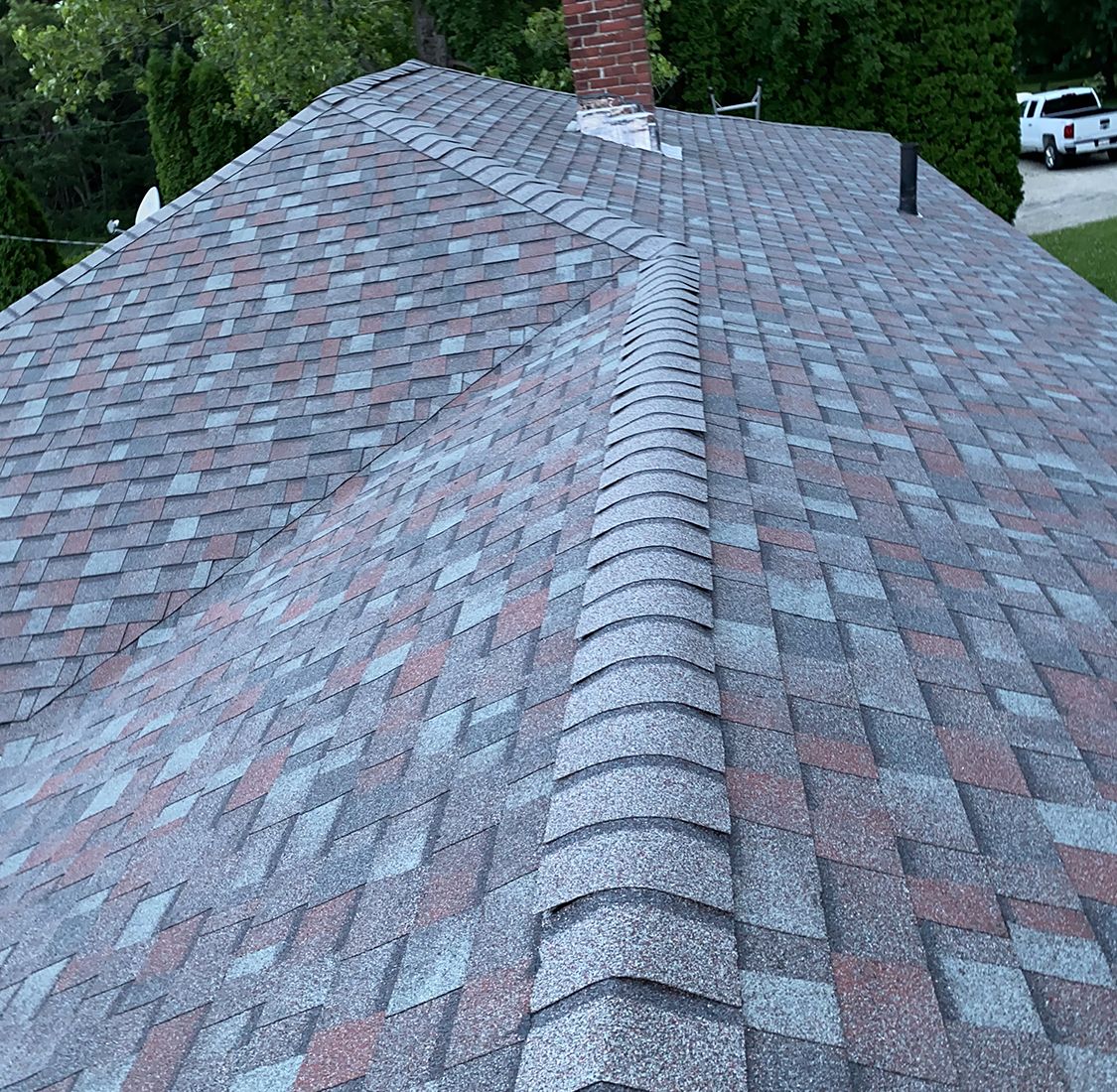 Blue gray roof with chimney