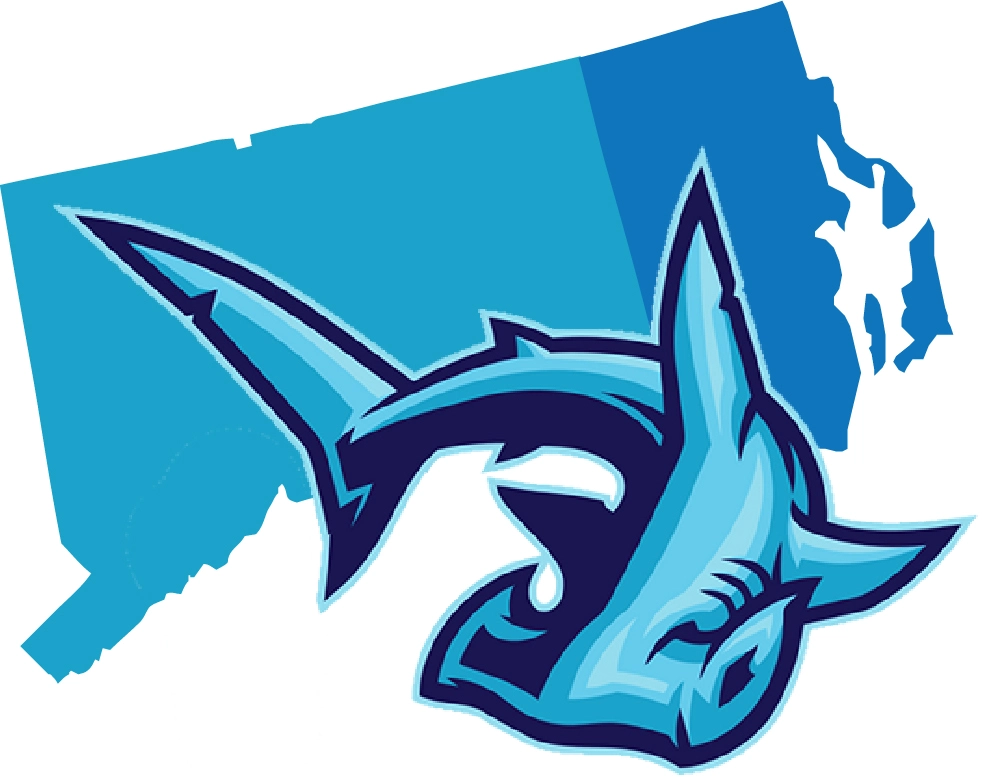 Hammerhead Roofing Logo. Hammerhead shark in front of an outline of the states of CT and RI. 